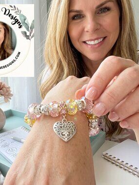 💗Heart Silver, Pink & Yellow Crystal Bracelet